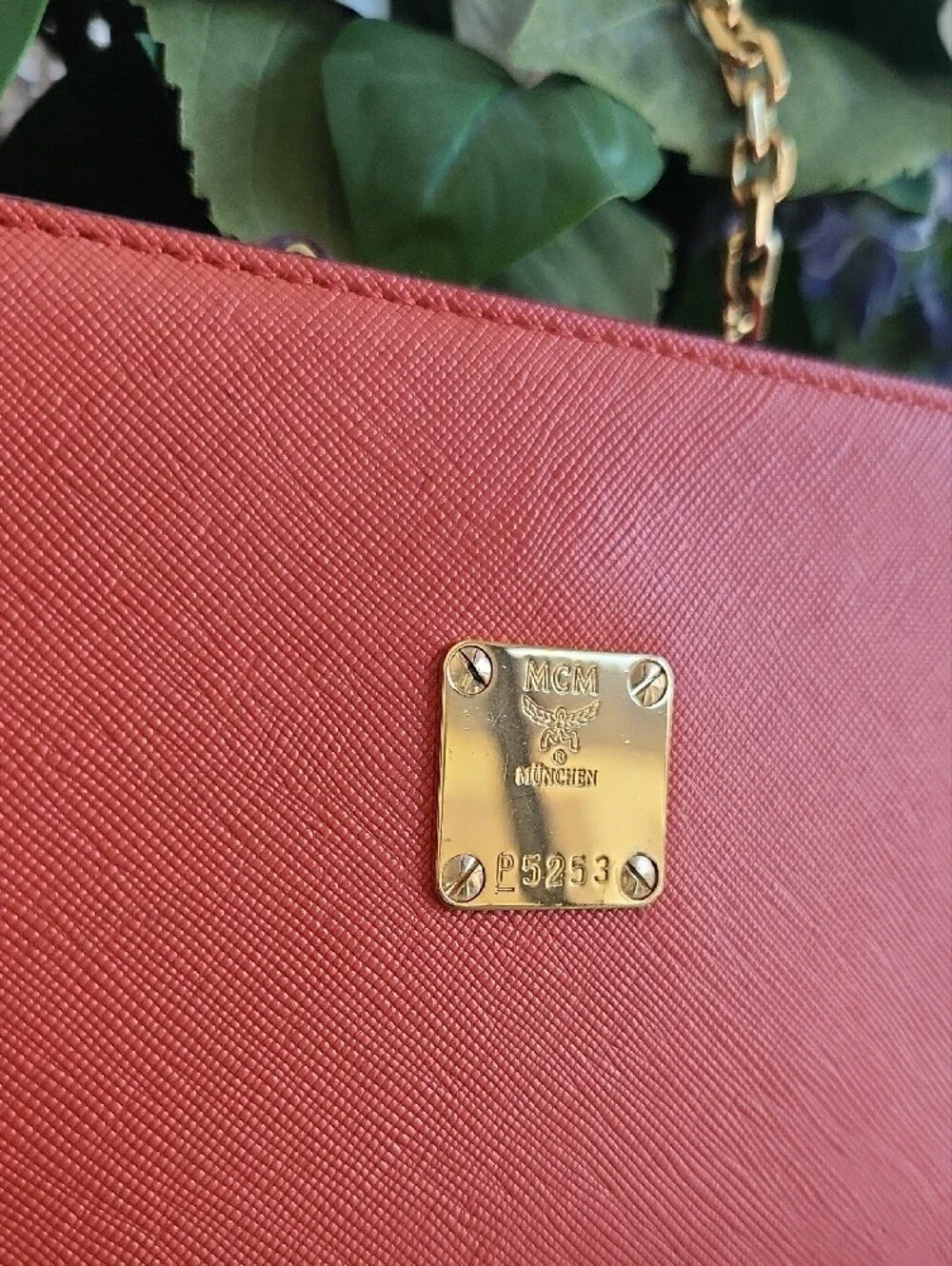MCM Orange Saffiano Leather Satchel with Gold Chain Accent-FALL!